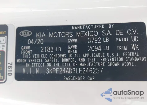 2020 Kia Forte Lxs from USA, damaged, VIN 3KPF24AD3LE246257